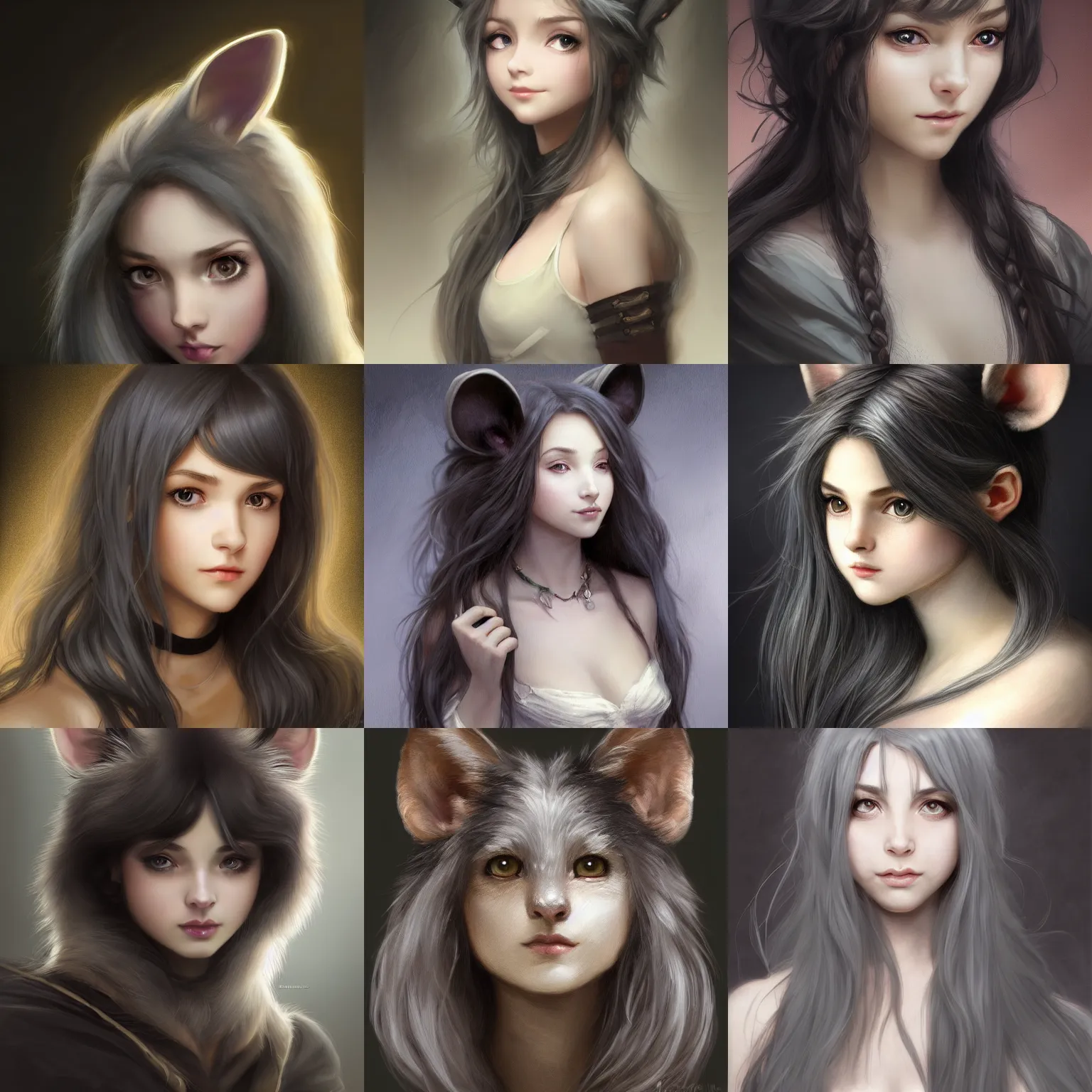 Prompt: 3/4 headshot of young female furry, D&D, cute, fantasy, intricate, long hair, grey skin, mouse face, mouse nose, mouse head, mouse ears, black hair, elegant, highly detailed, digital painting, artstation, concept art, smooth, sharp focus, illustration, art by artgerm and greg rutkowski and alphonse mucha