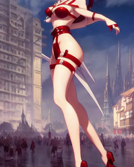 Image similar to pinup photo of asuna in the crowded square of the city, asuna by a - 1 pictures, by by greg rutkowski, artgerm, gil elvgren, enoch bolles, glossy skin, pearlescent, anime, very coherent, sao style