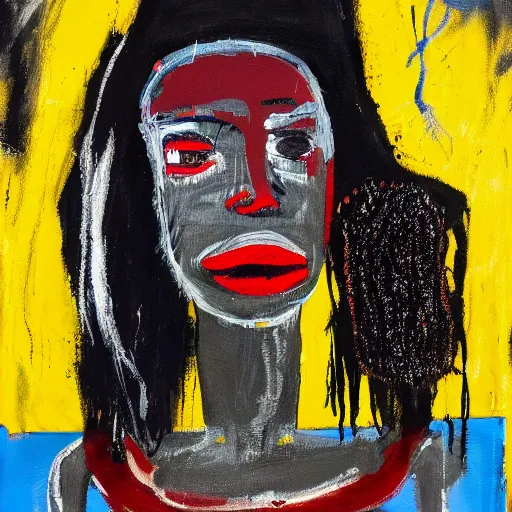 Image similar to A pretty attractive black woman with devil horns wearing a silver mini dress standing on the ocean, ,full body, pitchfork, creative background, abstract jean-Michel Basquiat oil painting with thick paint strokes, oil on canvas, intricately!!! detailed!!!