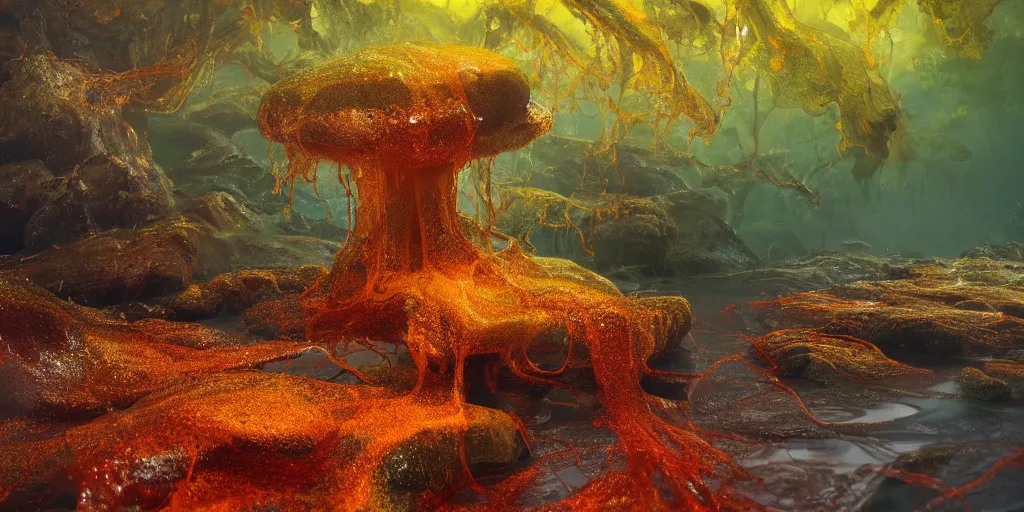 Image similar to Photorealistic picture of a glossy wet levitating floating fungus spirit with arms outstretched, made from colorful wet fungus tendrils. a gentle rising mist, an epic rocky landscape. occult photorealism, UHD, amazing depth, glowing, golden ratio, 3D octane cycle unreal engine 5, volumetric lighting, cinematic lighting, cgstation artstation concept art