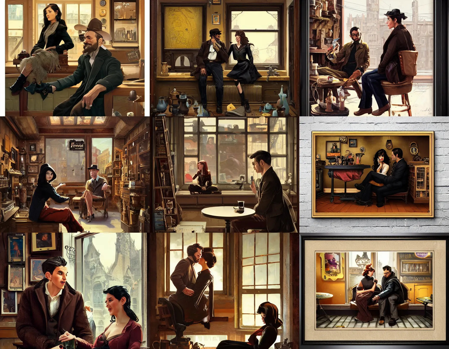 Prompt: brown black coat couple sitting in the old antique shop, extreme view angle, pinup, pulp art, deep focus, turnaround, pulp art, fantasy, intricate, elegant, highly detailed, digital painting, artstation, concept art, matte, sharp focus, illustration, hearthstone, art by rhads and artgerm and greg rutkowski and alphonse mucha.