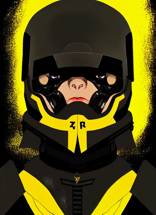 Image similar to a portrait of a vicious helldiver scout soldier, black armor with yellow accents, closeup on face, ilya kuvshinov, pop - art, pixiv top monthly, trending on artstation, cinematic, danbooru, zerochan art, kyoto animation