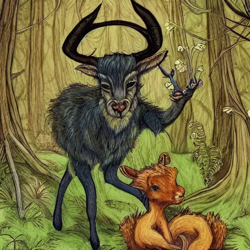 Prompt: faun animal with horns playing a flute in the forest, style of Guillermo Del Toro