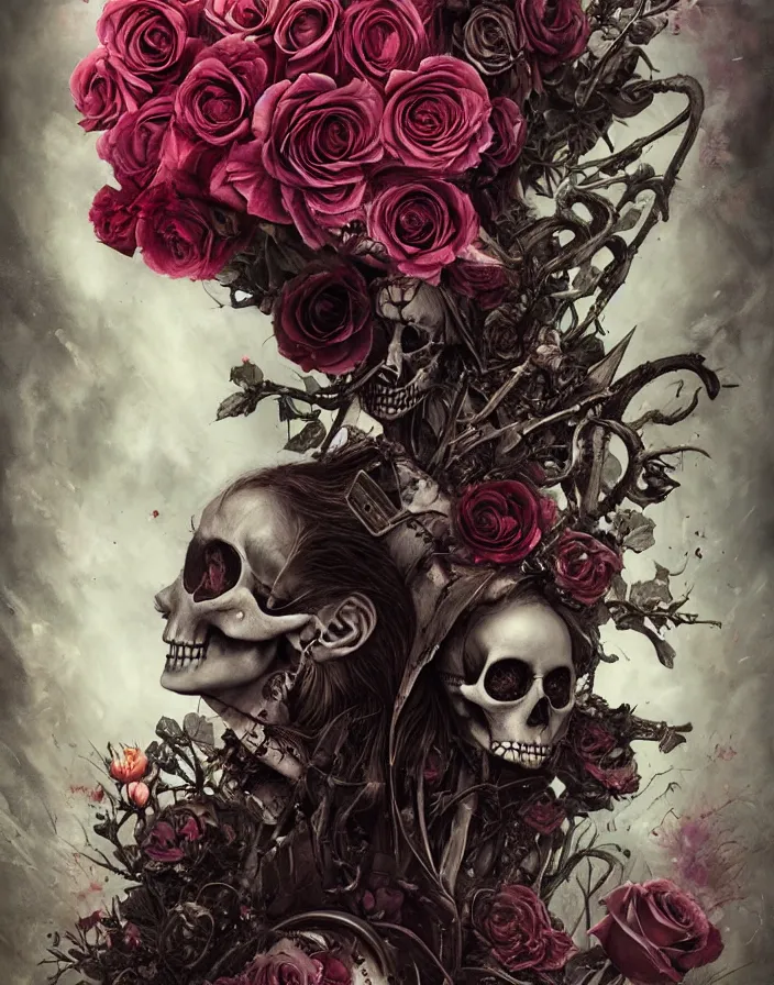 Image similar to Alice in Wonderland,roses, bullets, guns,death tarot card,highly detailed,half skull face,cinematic,8k,by Stanley Artgermm,Tom Bagshaw,Greg Rutkowski,Carne Griffiths, Ayami Kojima, Beksinski, Giger,trending on DeviantArt,hyper detailed,horror, full of colour