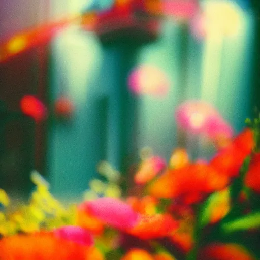 Prompt: blurred abstract lomographic floral and architectural forms made of accidental colorful light leaks taken with expired photographic film