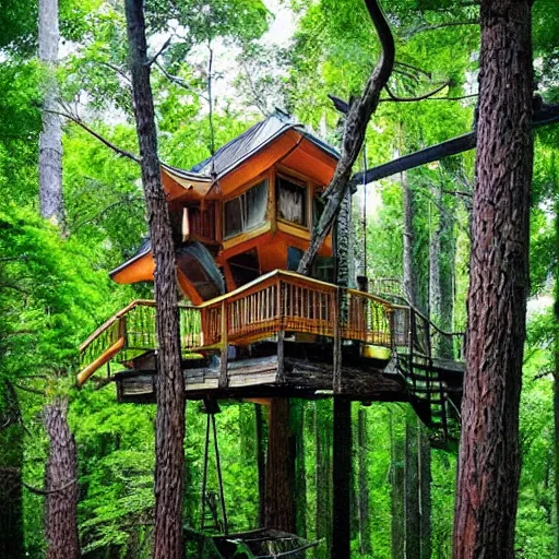 Prompt: a tree house, ladders, hanging bridges, hanging gardens, in the forest, beautiful scenery