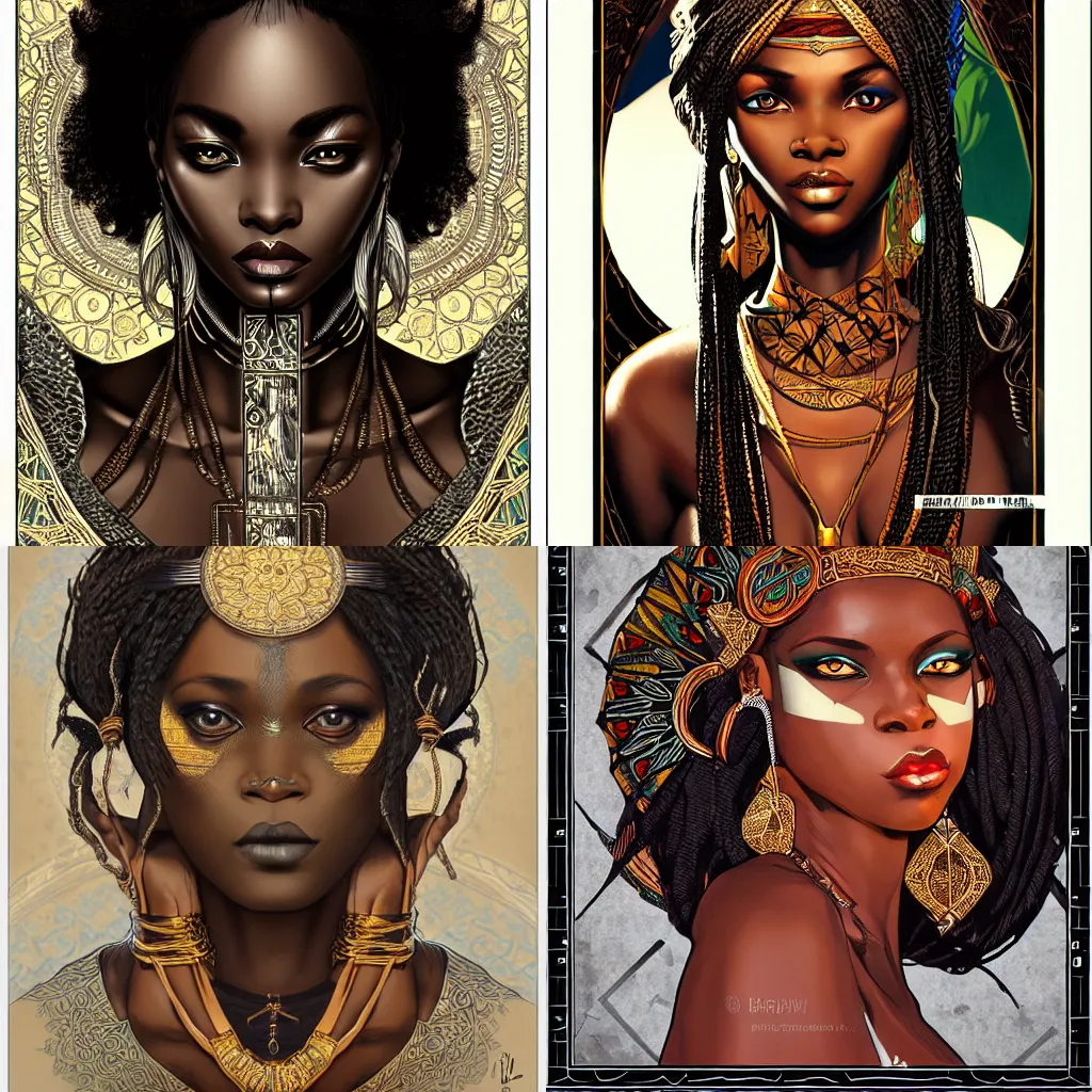 Prompt: black african princess, symmetric, intricate, highly detailed, sharp focus, illustration, rutkowski, mucha, aleksi briclot