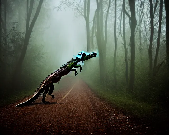 Image similar to a lomography photo of crocodile with fairy wings on foggy forest road this morning, bokeh,