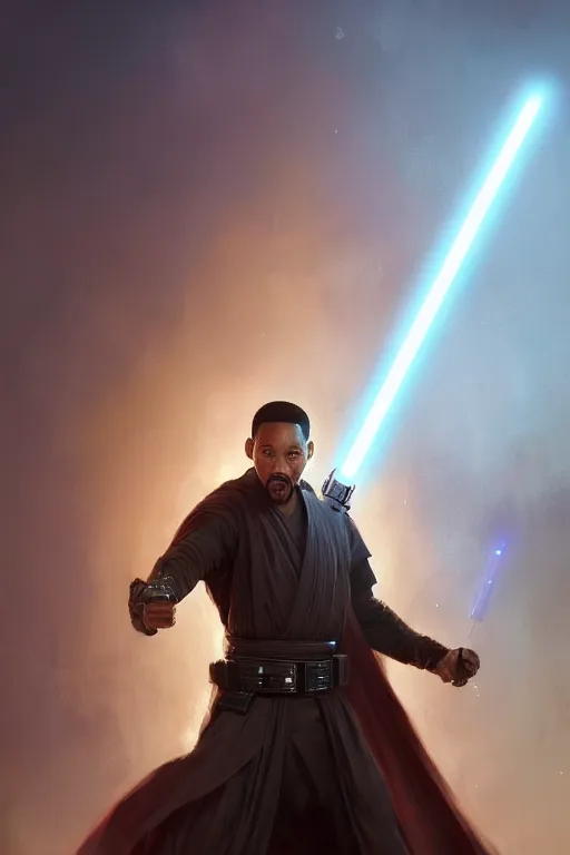 Prompt: will smith as a star wars jedi knight, cinematic lighting, highly detailed, concept art, art by wlop and artgerm and greg rutkowski, masterpiece, trending on artstation, 8 k