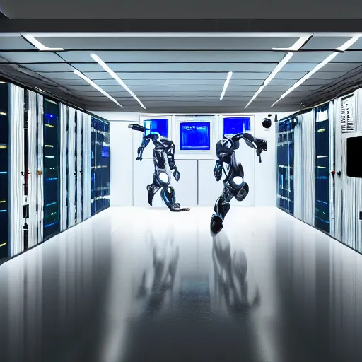 Prompt: a digital art of robot power armor in server room in style of space odyssey character design, robot in data center, trending on artstation, 8 k, ultra wide angle, zenith view, pincushion lens effect