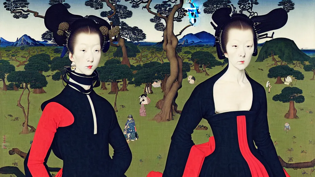 Prompt: portrait of a woman with blue frizzy hair, wearing a high collar black dress by alexander mcqueen and metallic platform shoes, standing in a botanical garden, bjork aesthetic, masterpiece, in the style of rogier van der weyden and jacopo da pontormo, punk, ukiyo - e