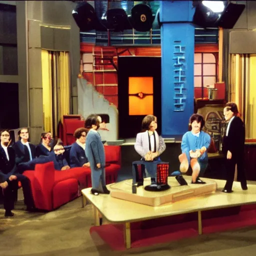 Prompt: on the full color tv set of ed sullivan, john lennon is guest starring as the host, 7 0 s color grade