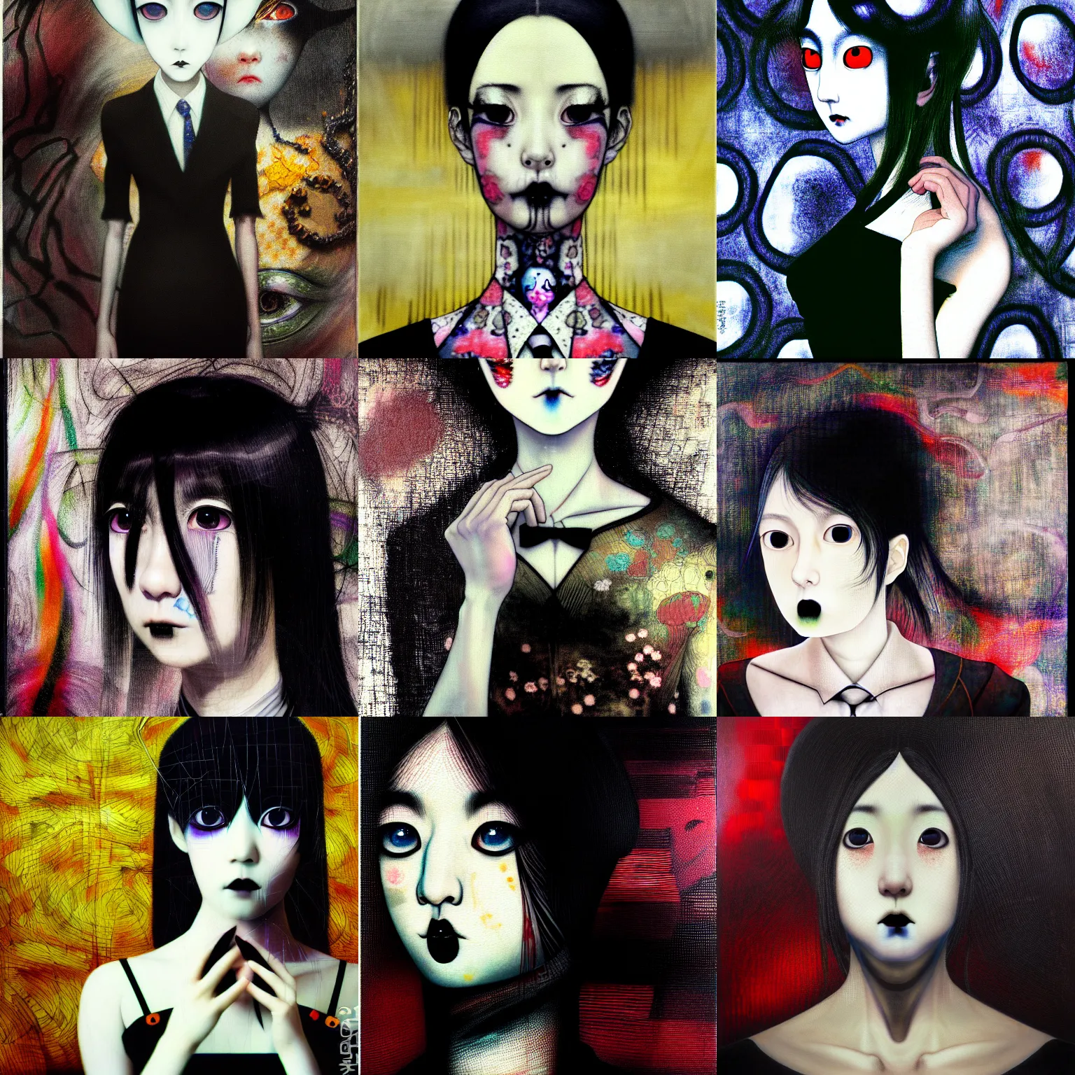 Image similar to yoshitaka amano blurred and dreamy realistic three quarter angle portrait of a young woman with black lipstick and black eyes wearing dress suit with tie, junji ito abstract patterns in the background, satoshi kon anime, noisy film grain effect, highly detailed, renaissance oil painting, weird portrait angle, blurred lost edges