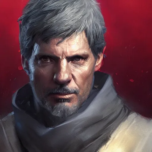 Image similar to portrait of a man by greg rutkowski, royalti jedi knigh, short black hair, star wars expanded universe, he is about 5 0 years old, elegant, prideful, wearing red jedi armor, highly detailed portrait, digital painting, artstation, concept art, smooth, sharp foccus ilustration, artstation hq