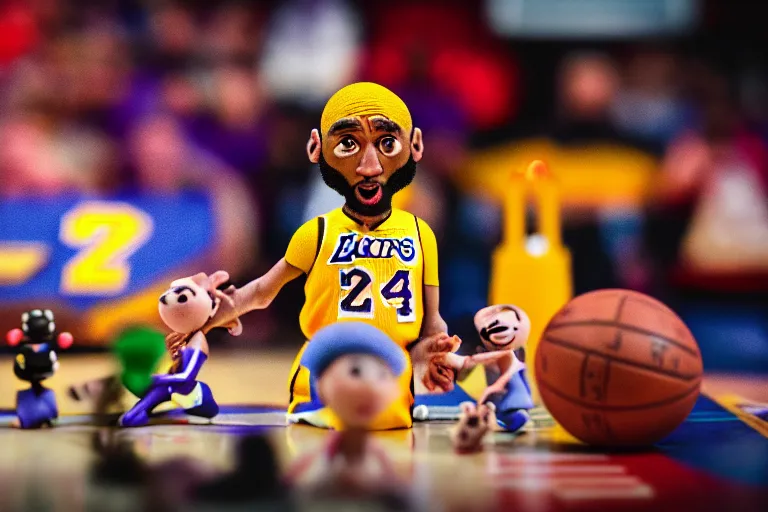 Prompt: cinematic screenshot portrait of a stop motion claymation film about a wacky adventure starring kobe bryant, shallow depth of field, 1 8 mm, f 1. 8