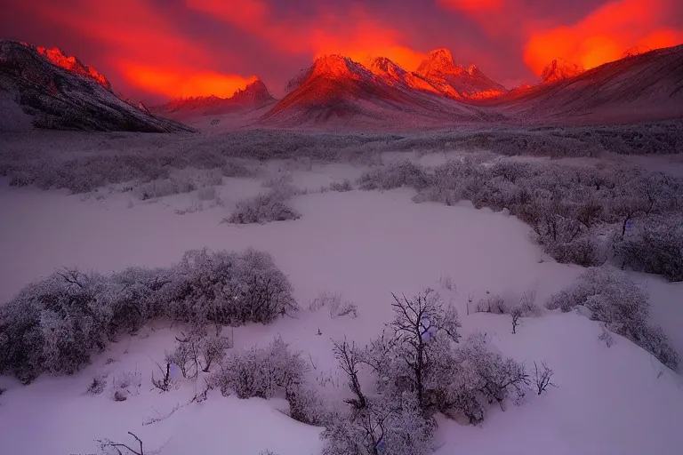 Image similar to amazing landscape photo of nuclear fallout in snowy mountains at sunset by marc adamus beautiful dramatic lighting