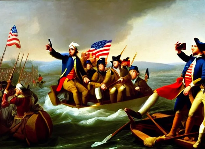 Image similar to oil painting of Washington Crossing the Delaware but everyone is looking at cell phones and Washington is taking a selfie