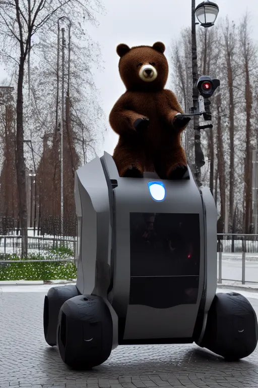 Image similar to a picture of putin ride robotic bear in moscow. - photorealistic, face features, elegant, confident posse, reduce duplicate image, pullitzer winning, taken with canon eos 5 d mark iv, versatile, lens interoperability, autofocus, 4 k uhd video capture at 3 0 fps, 8 k time - lapse functions, by karah mew, jodie bateman