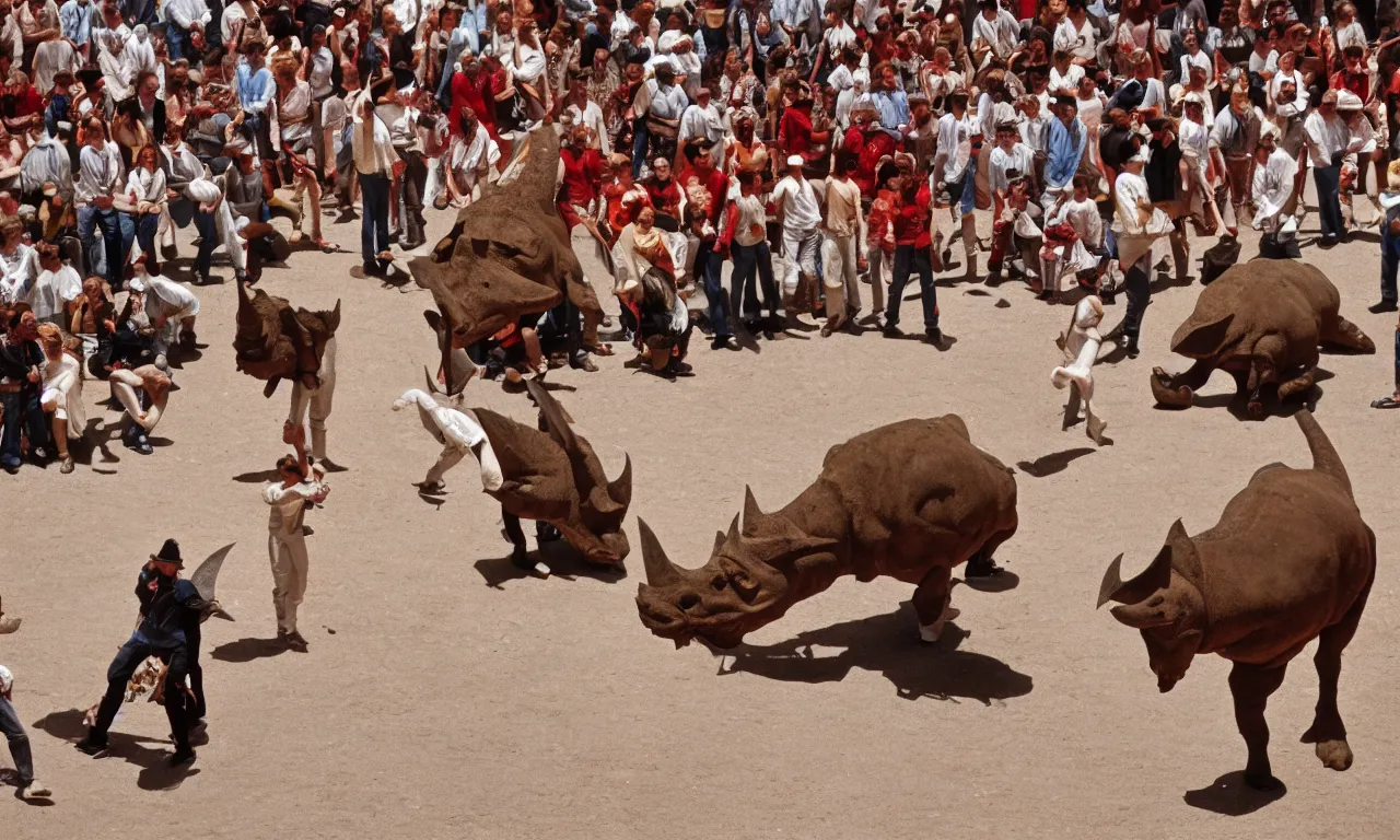 Prompt: a troubadour and a triceratops facing off in the plaza de toros, madrid. extreme long shot, midday sun, kodachrome