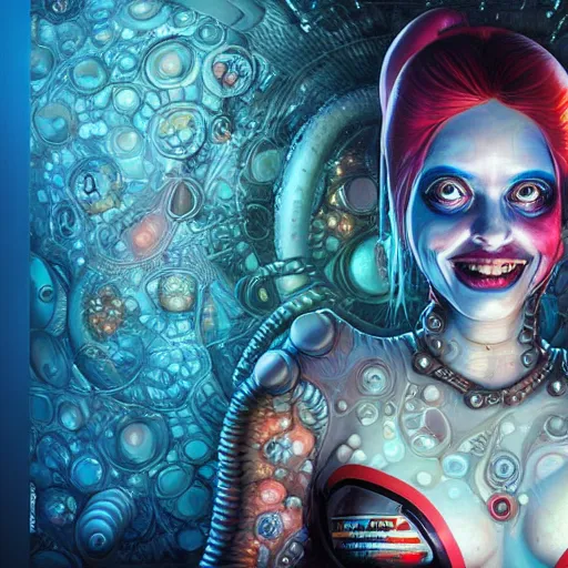 Prompt: underwater cosmic fractal biopunk giger portrait of harley quinn, pixar style, by tristan eaton stanley artgerm and tom bagshaw.