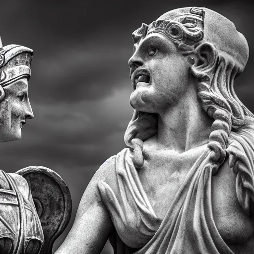 Image similar to photo of the goddess athena talking with odysseus, laughing and nodding, photorealistic, prizewinning photo, ultradetailed, cloudy day lighting