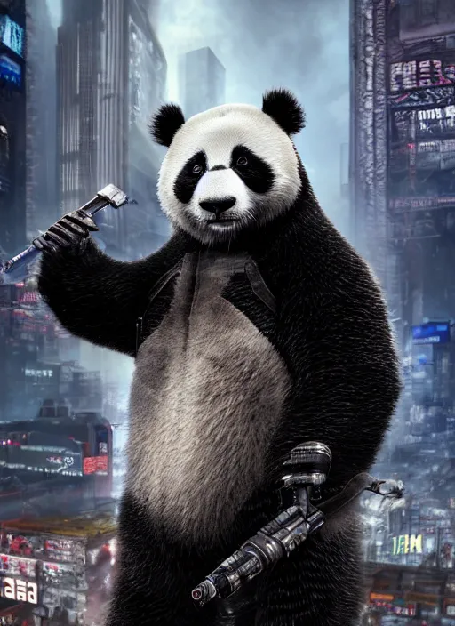 Image similar to hyperrealism, detailed textures, photorealistic 3 d cyberpunk panda in apocalyptic city, ultra realistic, cinematic, intricate, cinematic light, unreal engine 8 k, octane render, unreal engine