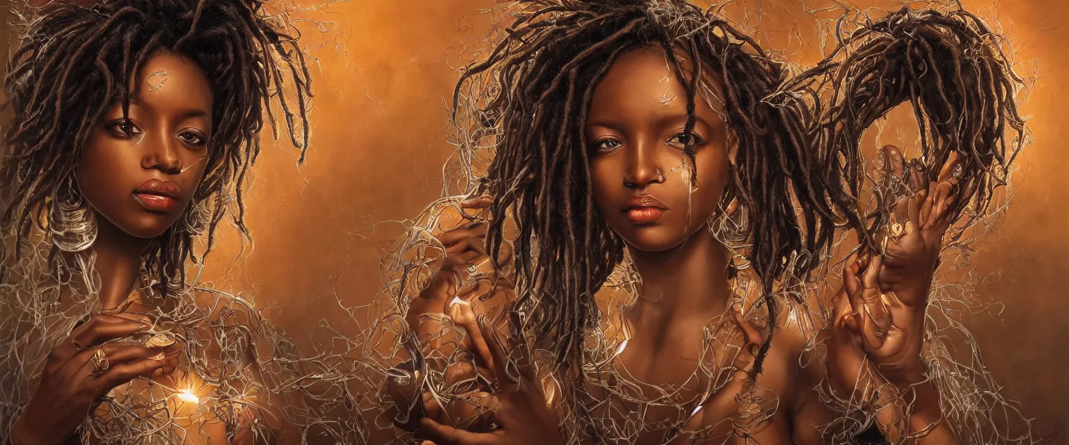 Image similar to a highly detailed symmetrical full body painting of a dark skinned beautiful black woman washing dreadlocks in dynamic lighting, ambient lighting, deviantart, art by artgerm and karol bak and mark brooks h