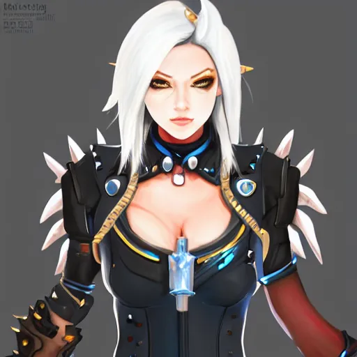 Image similar to digital painting of mercy overwatch, full body, wearing spiked collar and punk outfit, detailed face, detailed eyes,