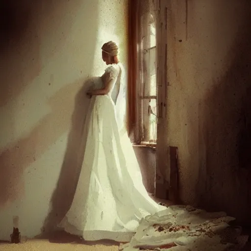 Image similar to A woman in a wedding dress in a dilapidated room, long shadow, dark room, vintage shading, warm colors, by Greg Rutkowski, artstation