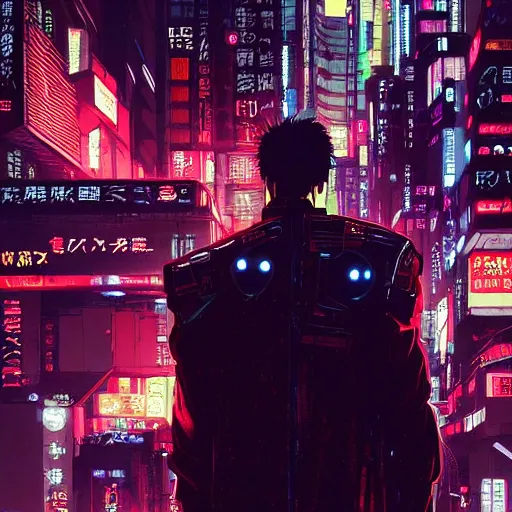 Prompt: a japanese cyberpunk android hacker, wide shot, finely detailed features, cyborg robot parts with glowing lights!, dramatic cinematic, night, at cyberpunk city, ghost in the shell, akira, noir, painted by greg rutkowski makoto shinkai takashi takeuchi craig mullins, alphonse mucha, studio ghibli, pixiv