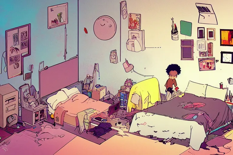 Prompt: messy bedroom, style of studio ghibli + moebius + basquiat, cute, lofi, artstation