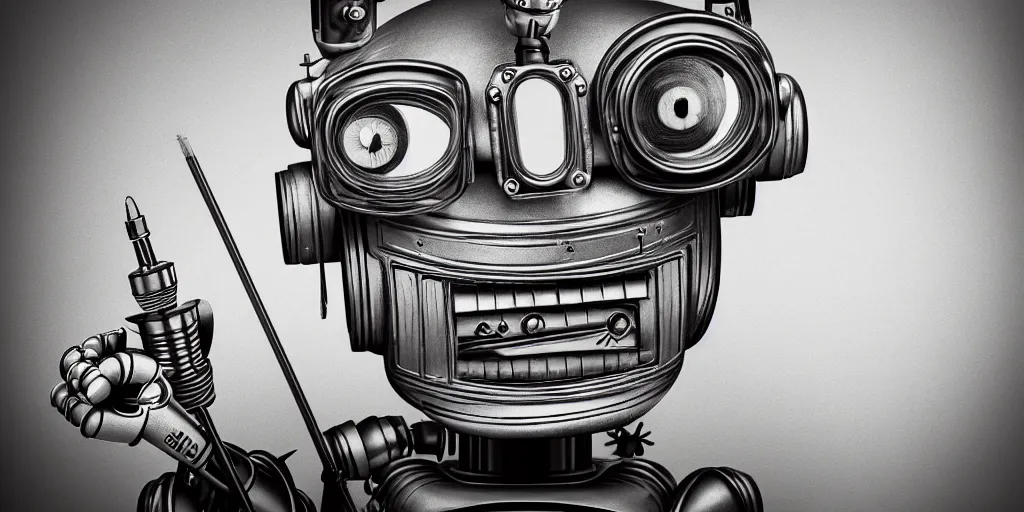 Image similar to closeup portrait of tin toy retro robot artist drawing sketch in a workshop, depth of field, zeiss lens, detailed, centered, fashion photoshoot, by nicoletta ceccoli, mark ryden, lostfish, breathtaking, 8 k resolution, extremely detailed, beautiful, establishing shot, artistic, hyperrealistic, octane render