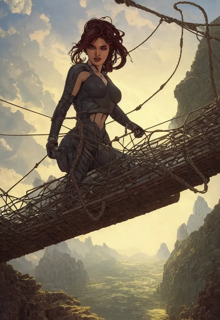 Image similar to comic book cover of android on a old rope bridge looking up at crystal temple, highly detailed, professional digital painting, Unreal Engine 5, illustration, HD quality, 8k resolution, cinema 4d, 3D, cinematic, professional photography, art by artgerm and greg rutkowski and alphonse mucha and loish and WLOP