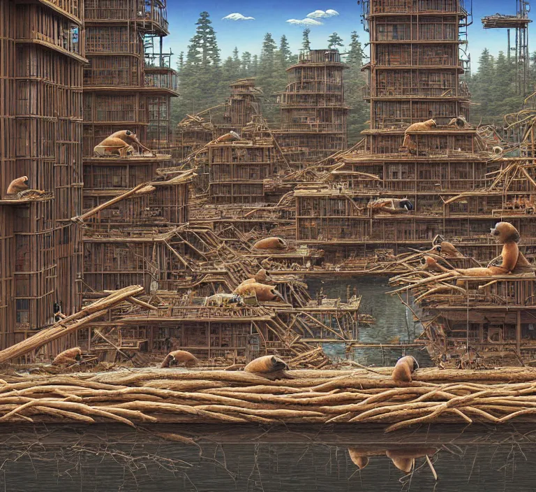 Image similar to photography hyperrealism concept art of highly detailed anthropomorphic beavers builders that building highly detailed futuristic city with sticks by hasui kawase and scott listfield sci - fi style hyperrealism