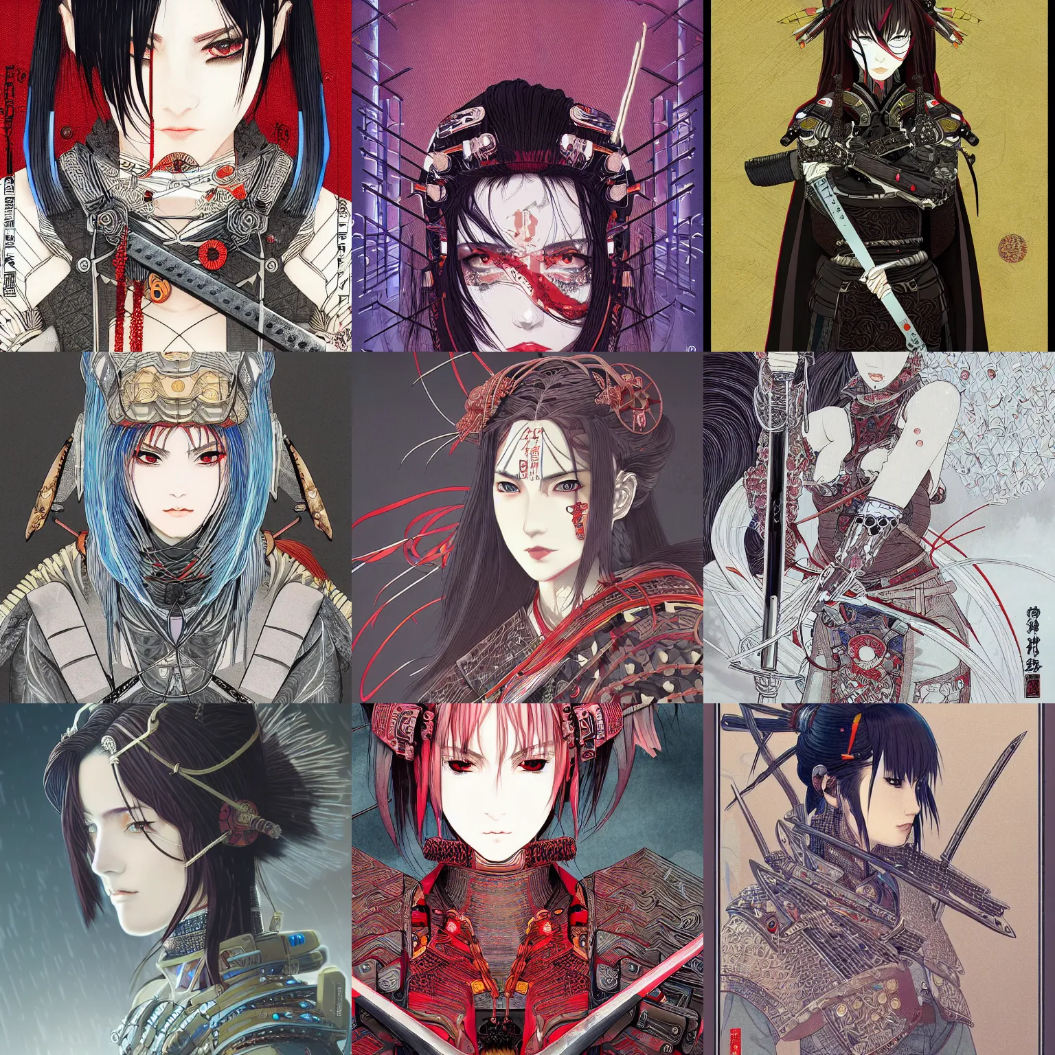 Prompt: cyberpunk kimono female warrior, long swords, beautiful, detailed symmetrical close up portrait, intricate complexity, in the style of kyoto animation key visuals and takato yamamoto, wlop, cel shaded