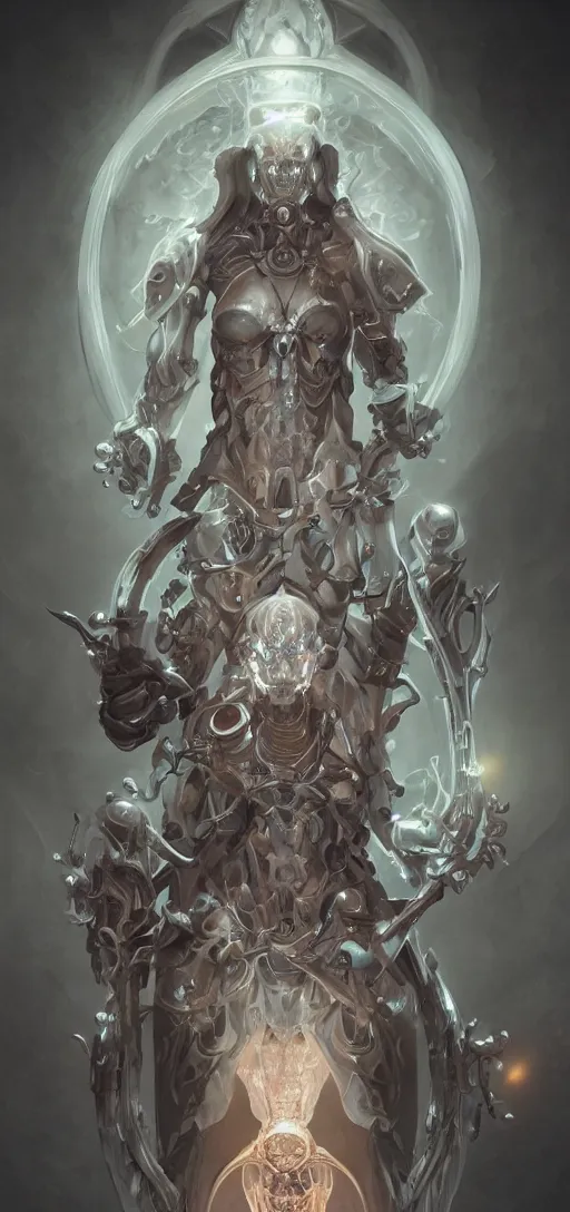 Prompt: symmetrical artwork. biomechanical lich with transparent skin made of glass, artgerm, wlop, halo, octane render, peter mohrbacher, artstation