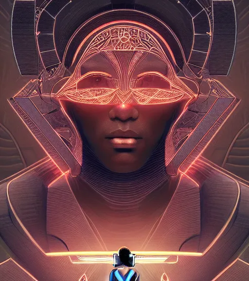 Image similar to symmetry!! egyptian prince of technology, solid cube of light, hard edges, product render retro - futuristic poster scifi, lasers and neon circuits, brown skin man egyptian prince, intricate, elegant, highly detailed, digital painting, artstation, concept art, smooth, sharp focus, illustration, dreamlike, art by artgerm