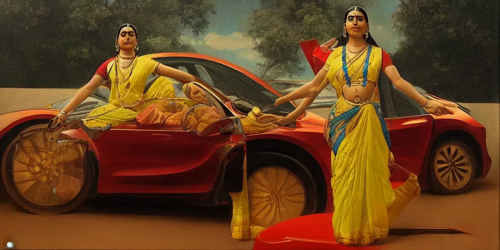 Image similar to woman driving a tesla in the style of raja ravi varma, high detail, realism, national gallery of delhi