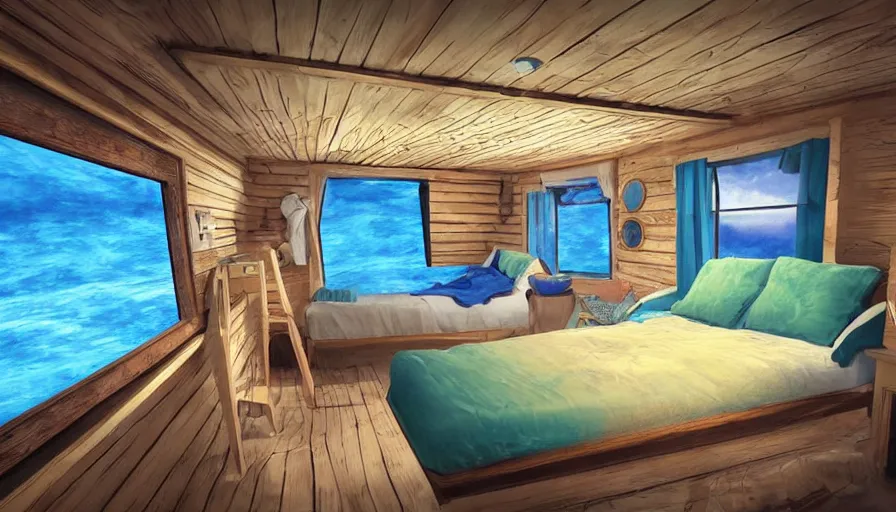 Image similar to a small cabin on a ship. there's a porthole and a bed, digital art, highly detailed, realistic, bright colors, 8 k