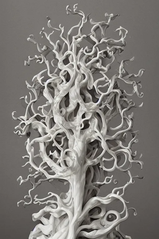 Image similar to a white piece of art that looks like a baroque flourish tree, a marble sculpture by alberto seveso, trending on cgsociety, art nouveau, rococo, biomorphic, marble sculpture