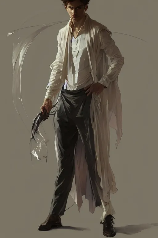 Prompt: full figure portrait of a single beautiful young fit man, dressed of modern transparent fluent shirt and large pants, by greg rutkowski and alphonse mucha, d & d character, interior design background, highly detailed portrait, digital painting, artstation, concept art, smooth, sharp focus ilustration, artstation hq