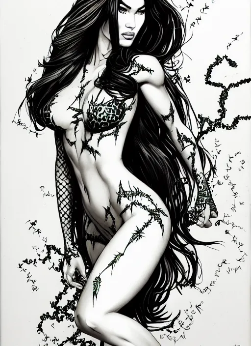 Prompt: concpet art, full shot, traditional ink, sketch, of megan fox as poison ivy, line sketch, intricate, elegant, highly detailed, monochrome, digital painting, artstation, concept art, sharp focus, illustration, art by borderlands 3 and peter polach