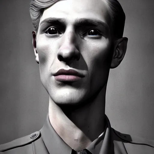 Prompt: A Hearts of Iron IV portrait of a blonde German actor with high cheekbones. Good bone structure. Dressed in 1940s style. Highly detailed, fine Art, high detail, great lighting, 8k resolution, masterpiece, concept art, illustration, clear eyes, painting oil on canvas, octane render, HDR, trending on artstation, 4k, 8k, HD