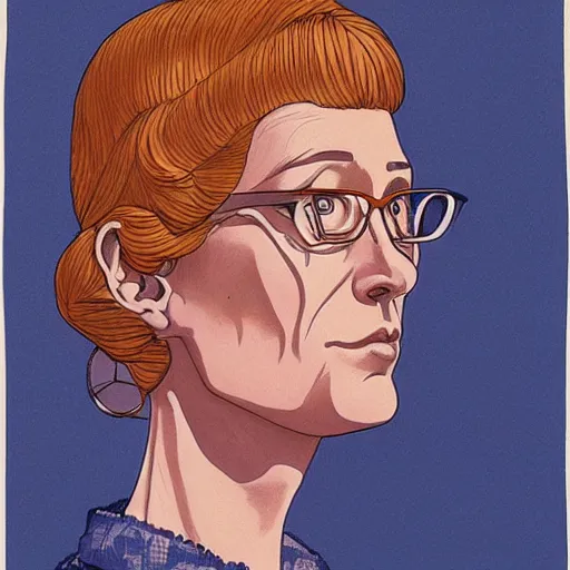 Prompt: Office secretary portrait by James Jean Giraud, with a beautiful symmetrical face