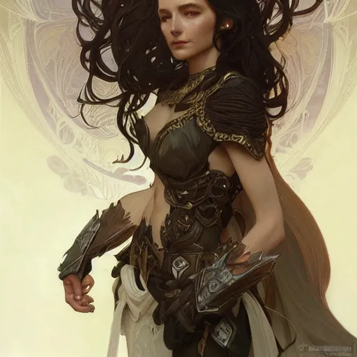 Image similar to full portrait of beautiful paladin elf man with long wavy dark hair, intricate, elegant, highly detailed, digital painting, artstation, concept art, smooth, sharp focus, illustration, art by Krenz Cushart and Artem Demura and Alphonse Mucha,