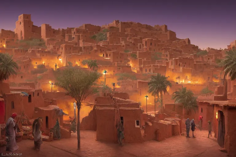 Image similar to in the middle of a adobe house kasbah town, mud and brick houses, merchant street, pueblo architecture, colorful crowd, festival. Scenic view at night, underexposed, clean horizon, matte painting by raphael lacoste and marc simonetti and craig mullins and christophe vacher, trending on artstation, 4k, intricate details