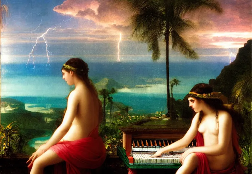 Image similar to Girl playing the palace piano, refracted sparkles, thunderstorm, greek pool, beach and Tropical vegetation on the background major arcana sky, by paul delaroche, hyperrealistic 4k uhd, award-winning, very very very detailed