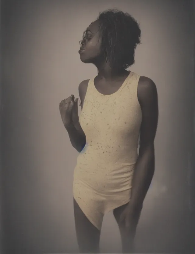 Image similar to conceptual polaroid photo with flash, portrait of a dark skin woman model in top with smokey eyes, polaroid photo bleached strong lights, kodak film stock, hyper real, stunning moody cinematography, with anamorphic lenses, by maripol, detailed