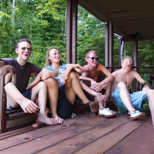 Image similar to four dudes and one girl peaking on molly on a deck