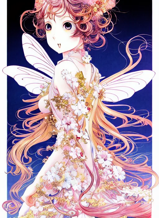 Image similar to exquisite imaginative manga poster of a fairy lady, long wavy hair, rococo dress, shimmering, by ayami kojima, shigenori soejima, minaba hideo,, jump comics, shogakukan, illustration, artstation, highly detailed, 8 k, fluorescent, maximalist